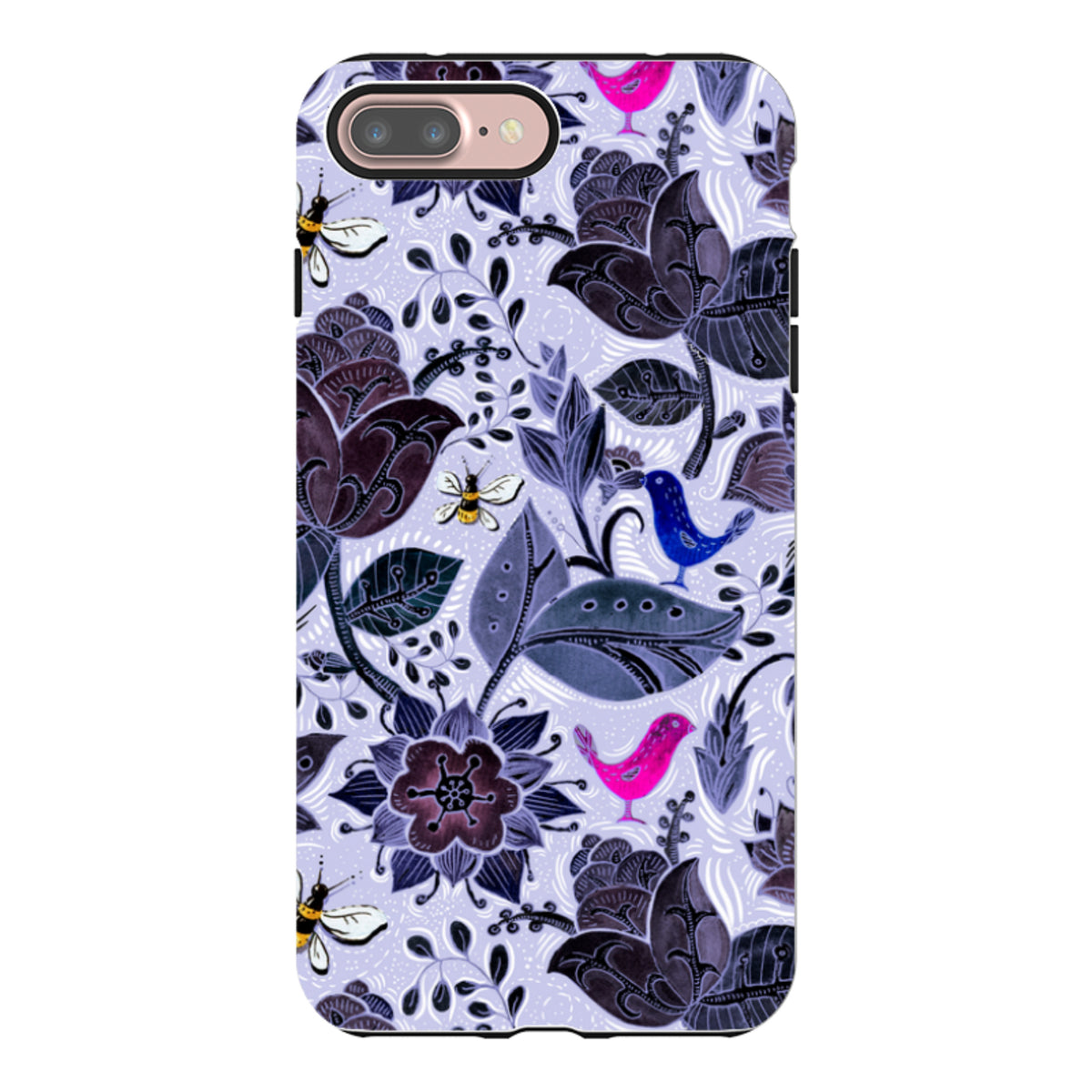 iPhone Tough Case featuring a Tresco Abbey floral pattern with purple flowers, blue and pink birds, and bees on a light background.