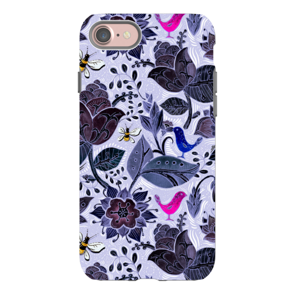 iPhone tough case with Tresco Abbey floral pattern, featuring dark purple flowers, vibrant birds, and bees on lavender.