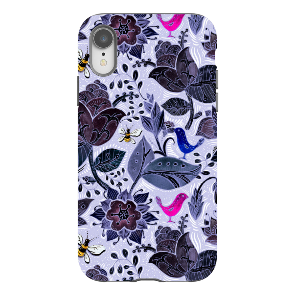 Dual-layer iPhone case featuring a Tresco Abbey floral pattern with purple, pink, and blue accents on a light lavender background.