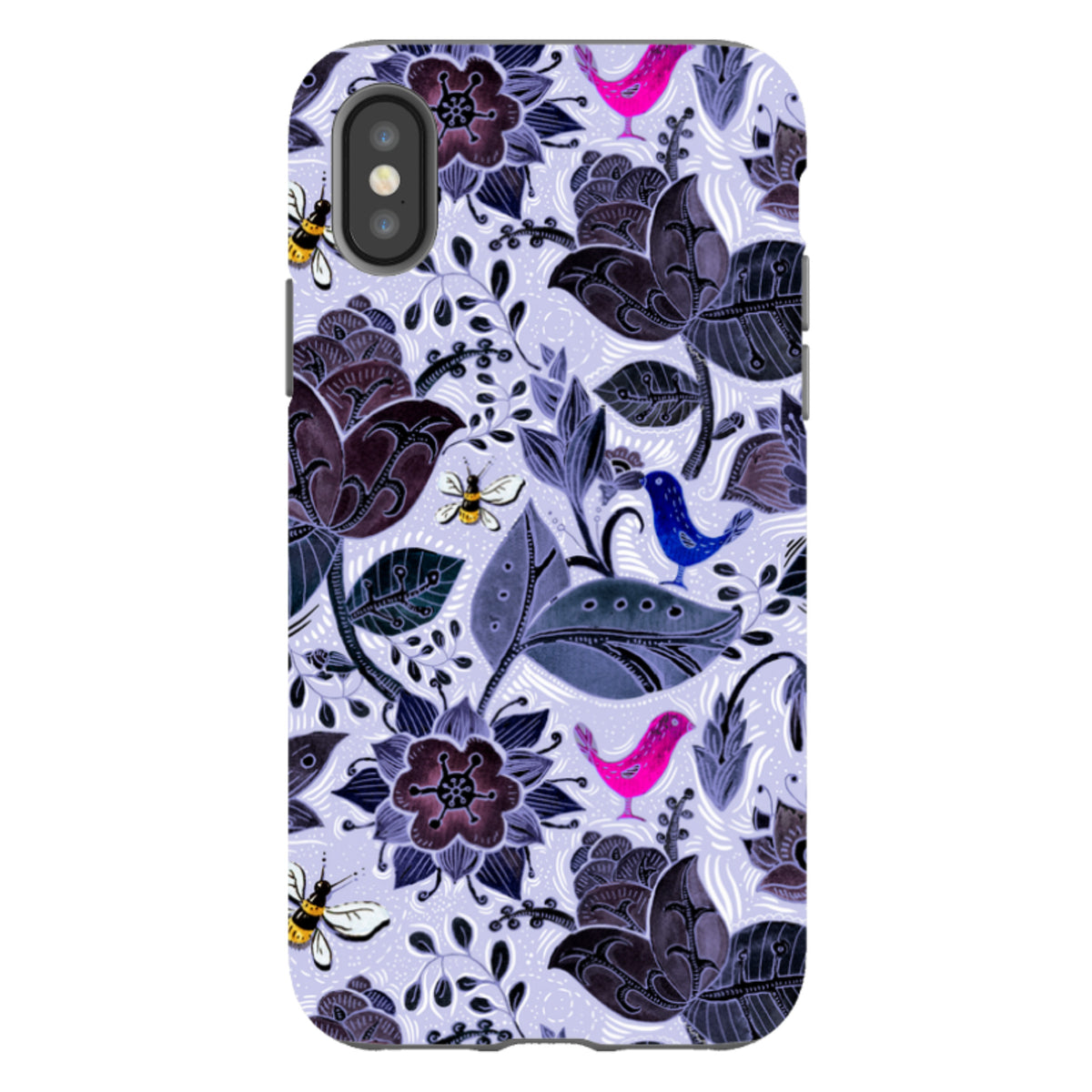 Tough iPhone case with Tresco Abbey floral pattern, featuring dark purple flowers, small birds, and bees on a light lilac.