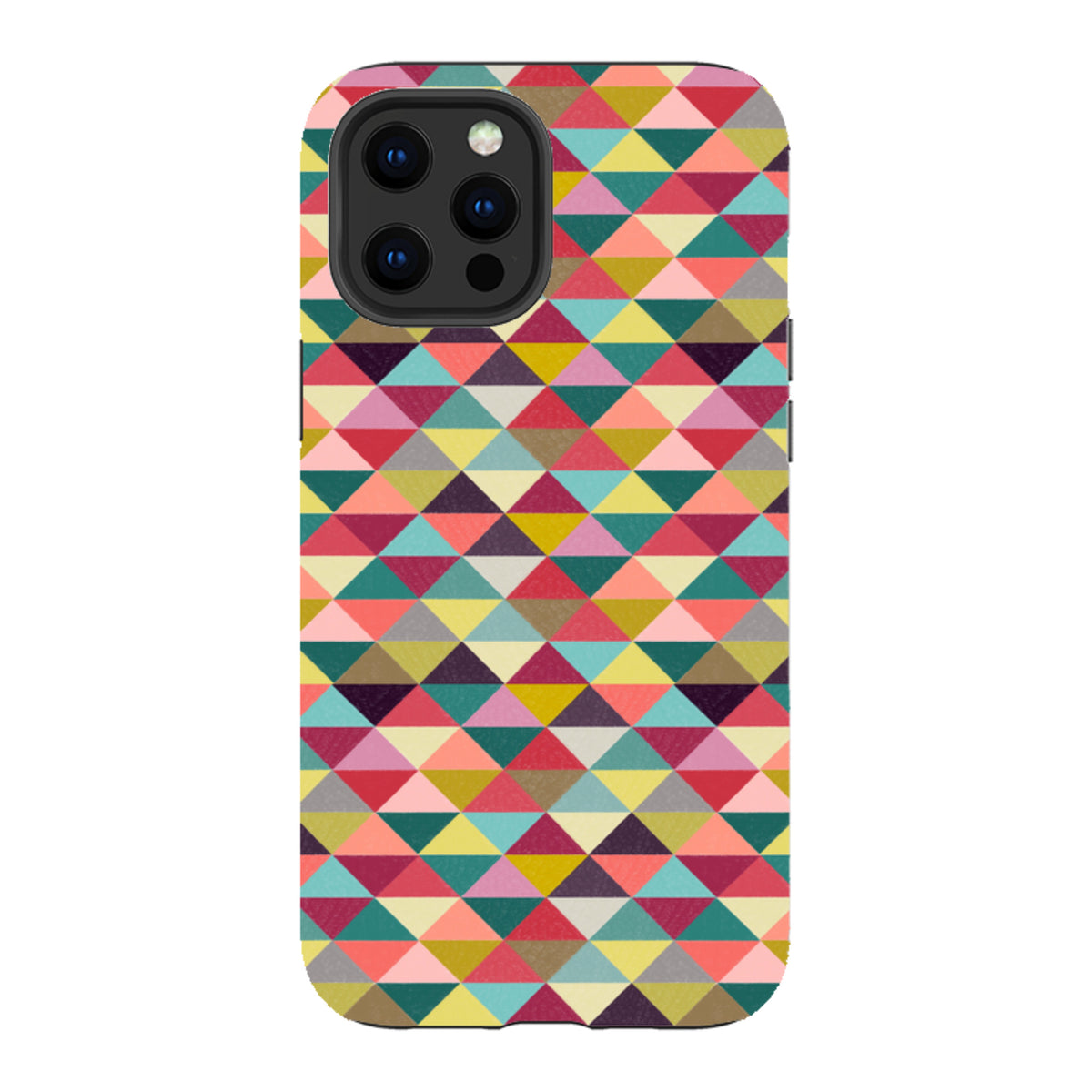 iPhone tough case with a colorful geometric triangle pattern in shades of pink, teal, yellow, and deep purple.