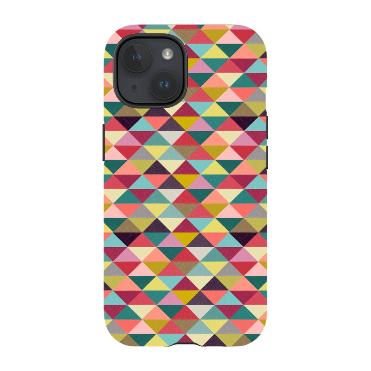 iPhone tough case featuring a colorful geometric triangle pattern in shades of red, yellow, teal, and pink.