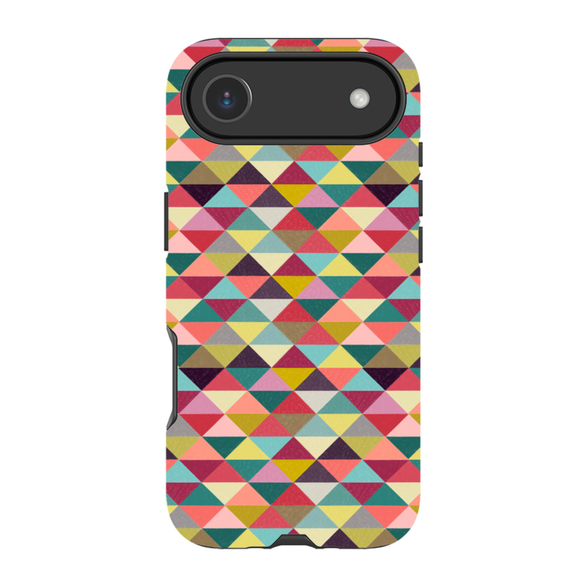 iPhone tough case with a colorful geometric triangle pattern in red, yellow, teal, and pink with dual-layer protection.