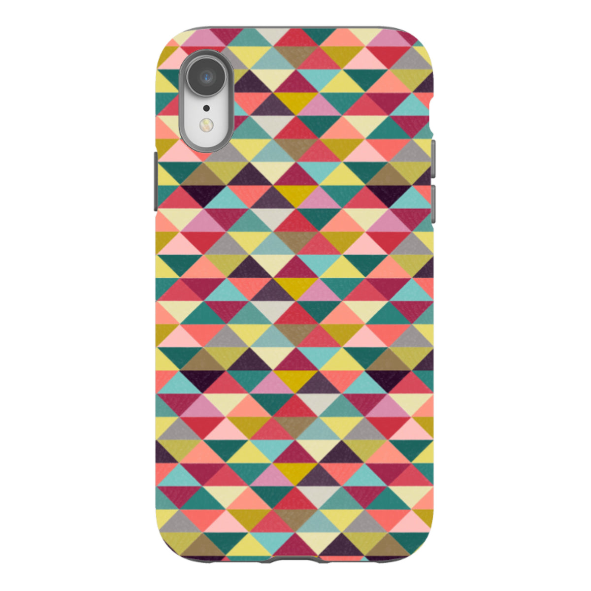 iPhone tough case featuring a colorful geometric triangle pattern in red, yellow, teal, and pink with dual-layer protection.