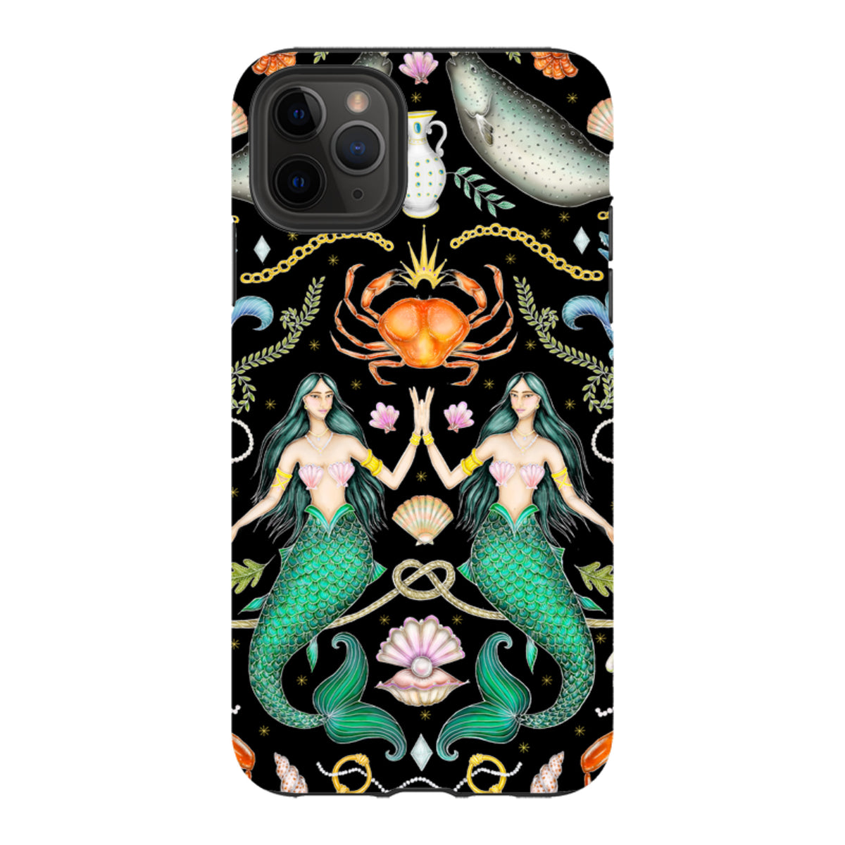 Dual-layer iPhone tough case featuring Catherine Rowe’s Triton’s Treasure mermaid, crab, and shell art on black.