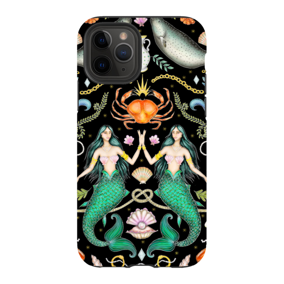 iPhone tough case featuring Catherine Rowe’s Triton’s Treasure mermaid and crab art on a black background.