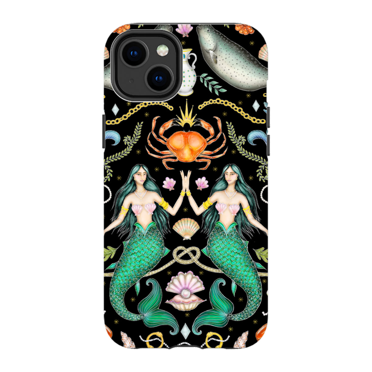 iPhone tough case featuring Catherine Rowe’s Triton’s Treasure mermaid, crab, and seashell art on a black background.