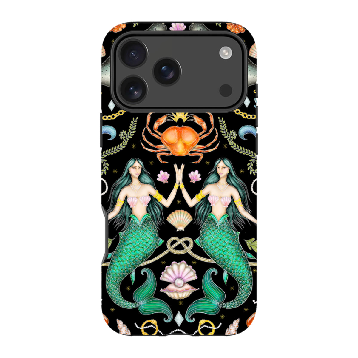 iPhone tough case featuring Catherine Rowe’s Triton’s Treasure art with mermaids, a crab, and shells on black.