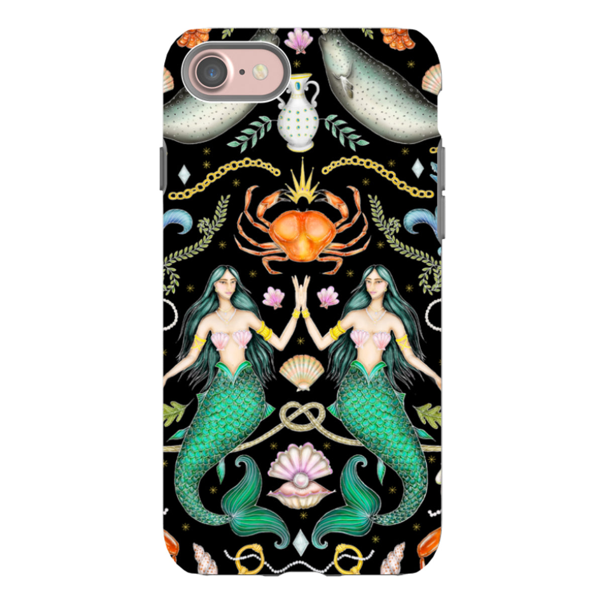 Dual-layer iPhone case featuring Catherine Rowe’s Tritons Treasure mermaid and sea life art on a black background.