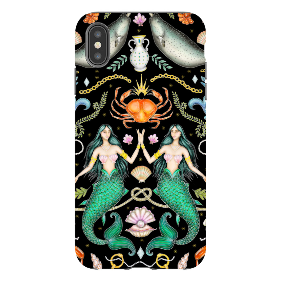 Tough iPhone case featuring Catherine Rowe’s Triton’s Treasure mermaid, crab, and narwhal art on a black background.