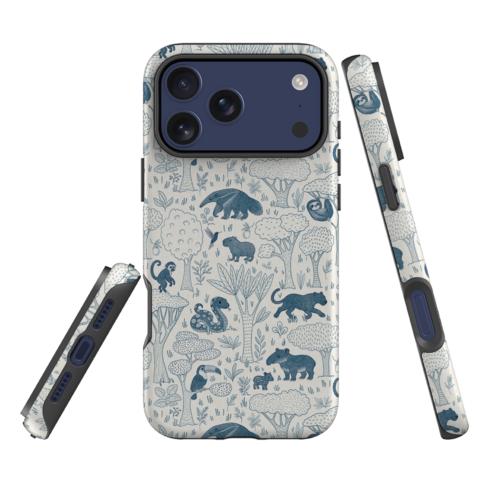 iPhone Tough Case - Tropical Jungle Animals blue on cream By Katherine Quinn