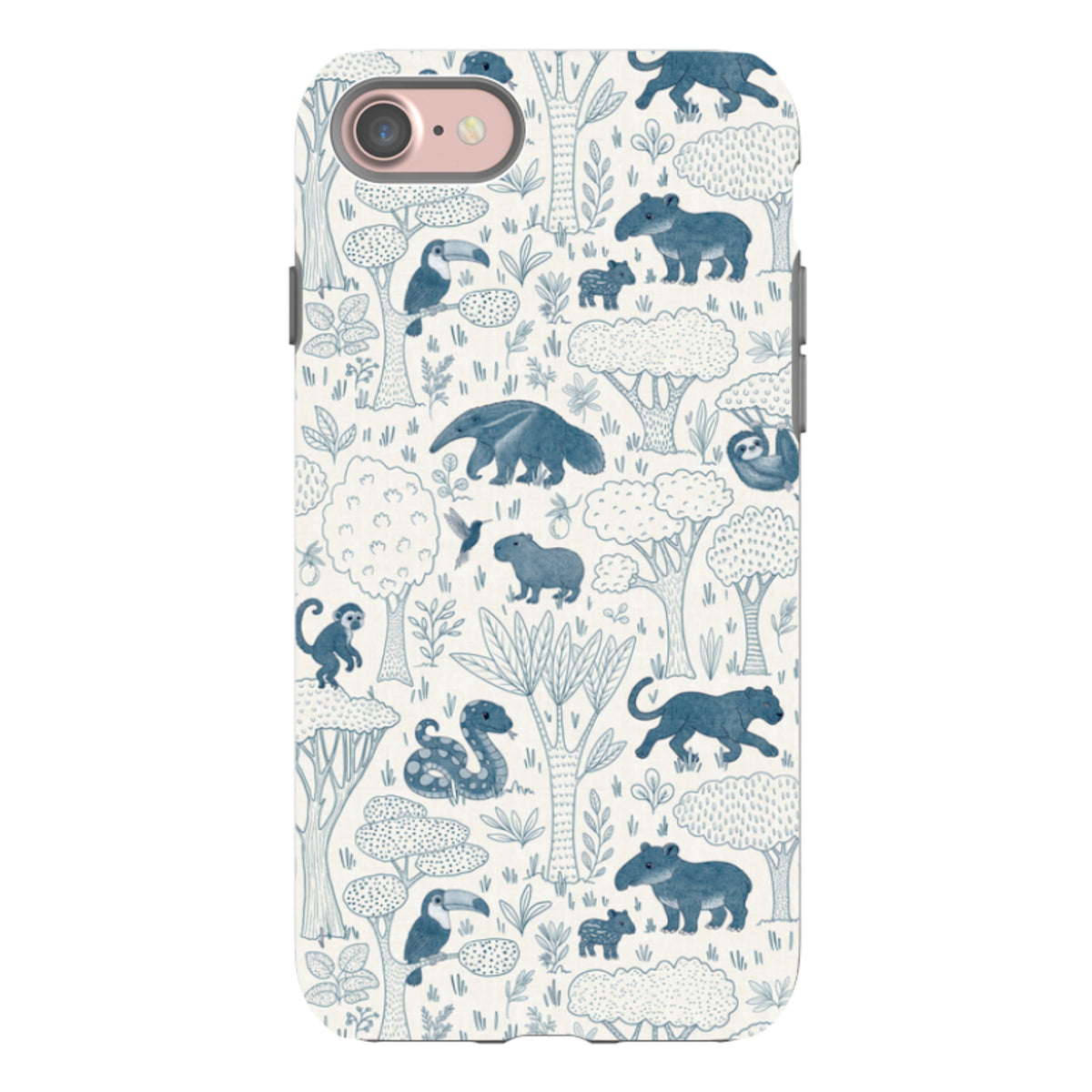 iPhone Tough Case - Tropical Jungle Animals blue on cream By Katherine Quinn