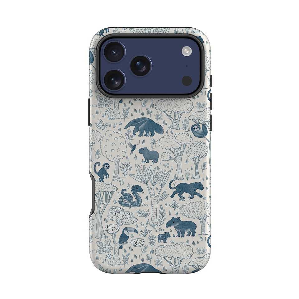 iPhone Tough Case - Tropical Jungle Animals blue on cream By Katherine Quinn