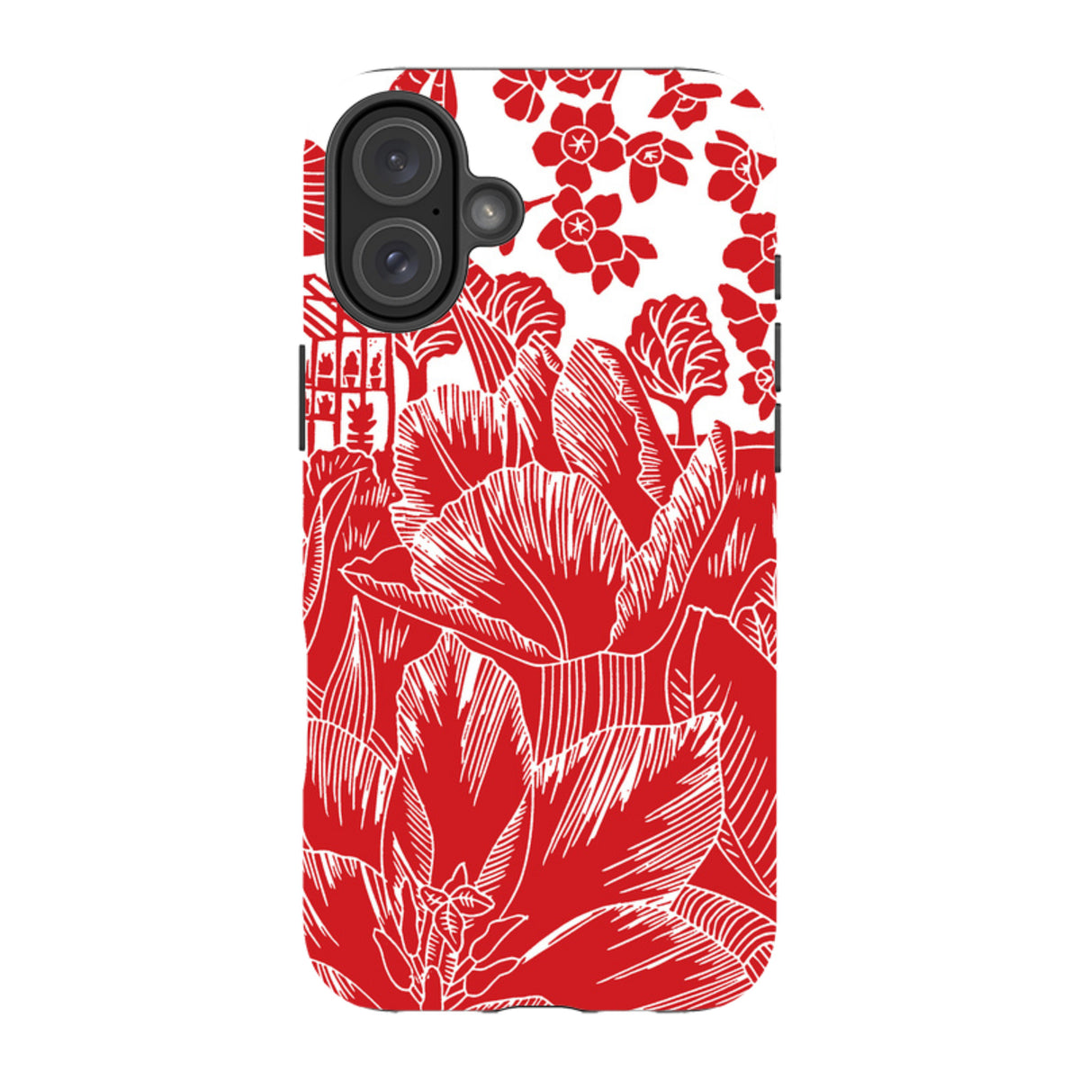 iPhone tough case featuring a red and white tulip silhouette print by Kate Heiss with a dual-layer protective design.