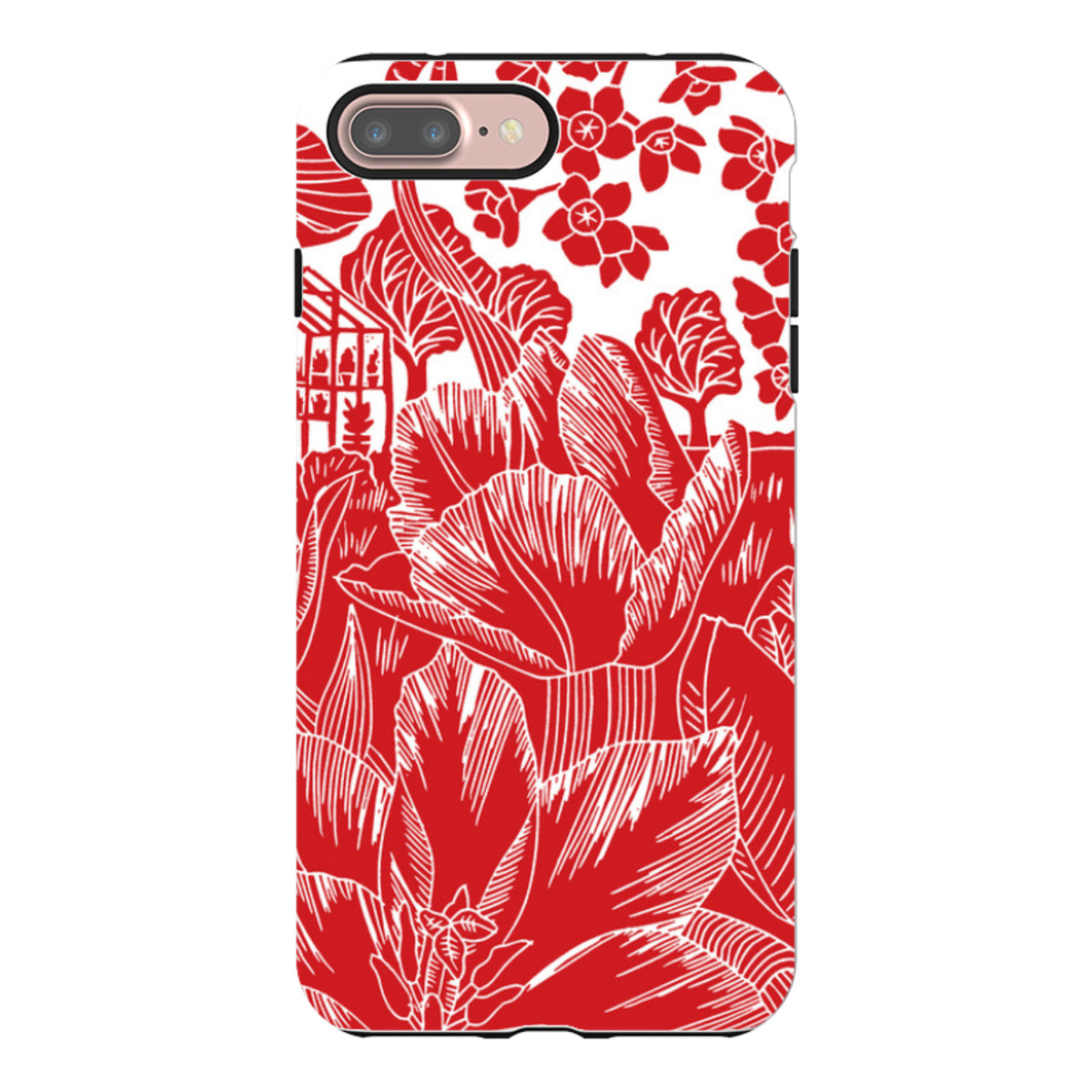 iPhone tough case featuring a red and white tulip silhouette print with a dual-layer protective design.