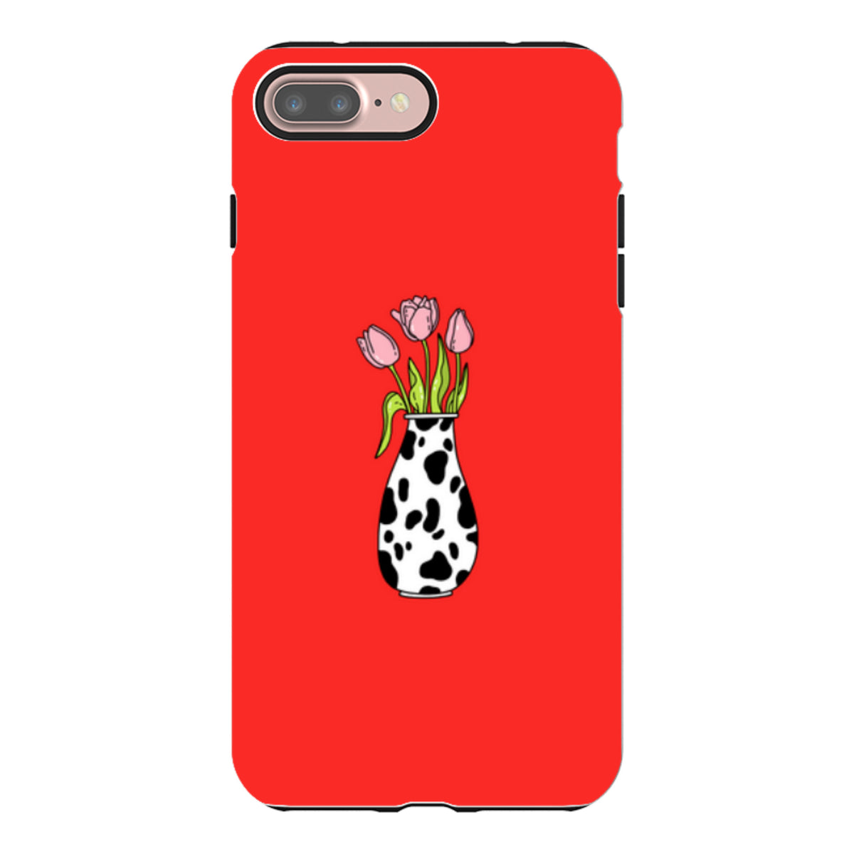 Red iPhone tough case featuring a cow-print vase with pink tulips, offering dual-layer protection and a precise fit.