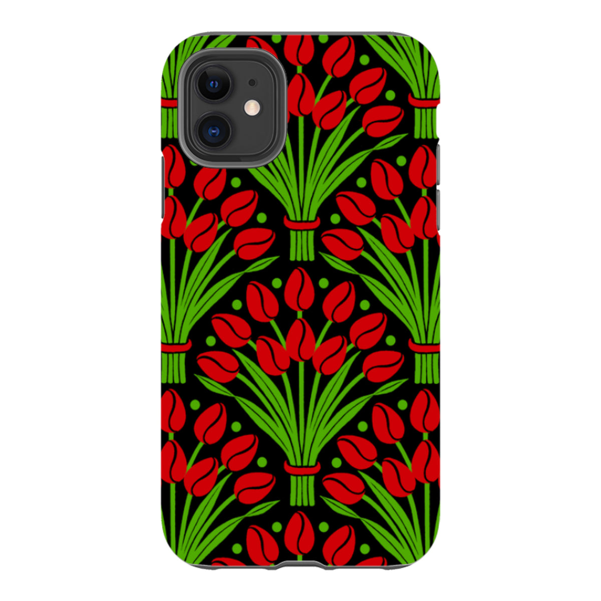 Dual-layer iPhone tough case featuring a vibrant red tulip pattern with green stems on a black background.