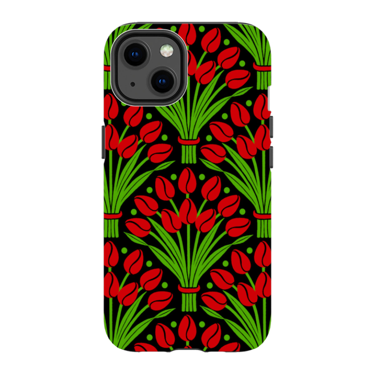 iPhone tough case with a black background and a repeating pattern of red tulips and green stems by Cressida Bell.
