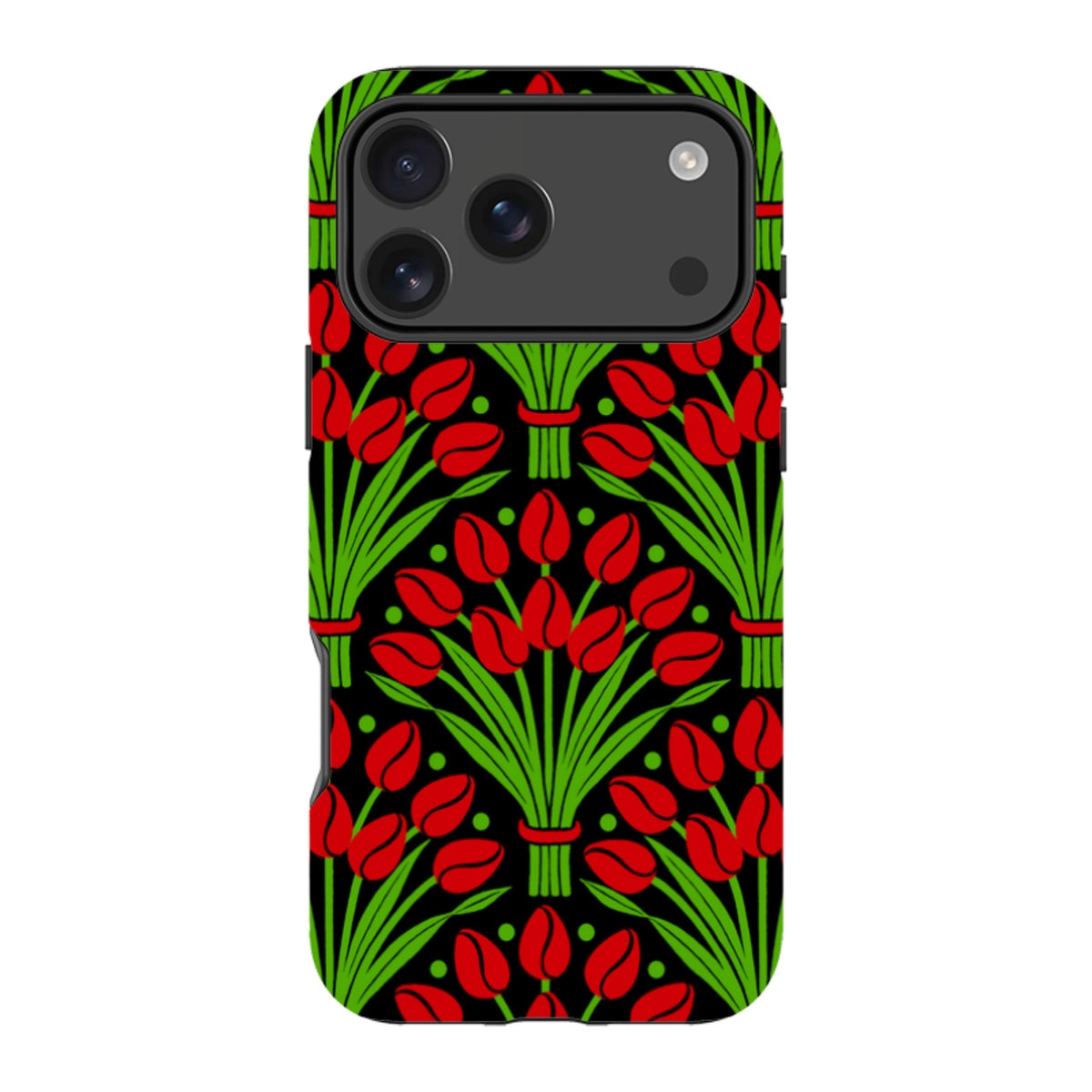 iPhone tough case with a vibrant red tulip floral pattern on a black background and a protective dual-layer design.