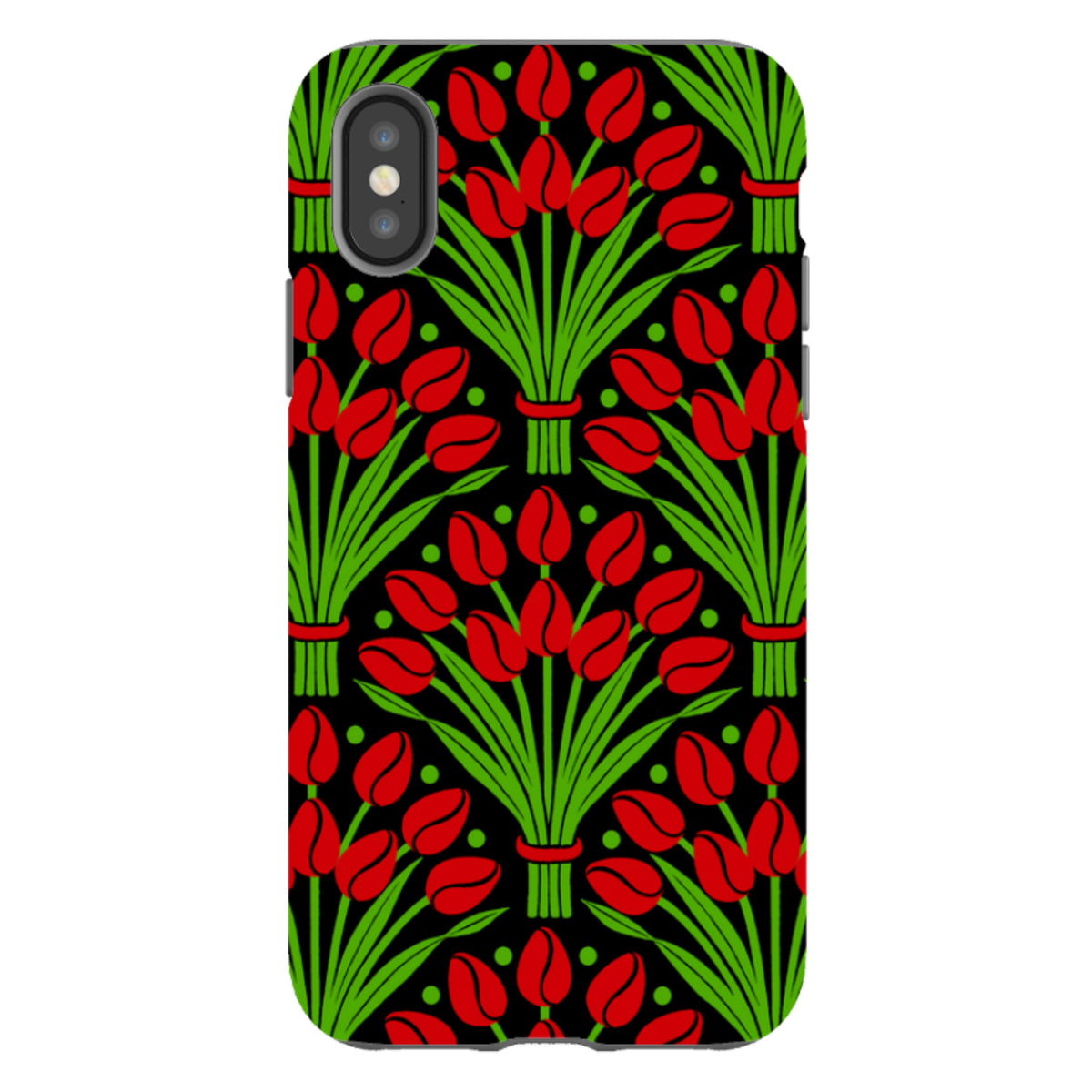 iPhone tough case featuring a vibrant red tulip pattern with green stems on a black background for dual-layer protection.