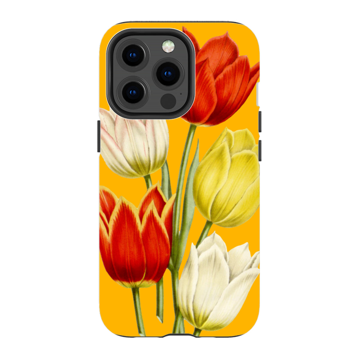 Dual-layer iPhone tough case featuring a vibrant yellow background with a detailed red, yellow, and white tulip bouquet.