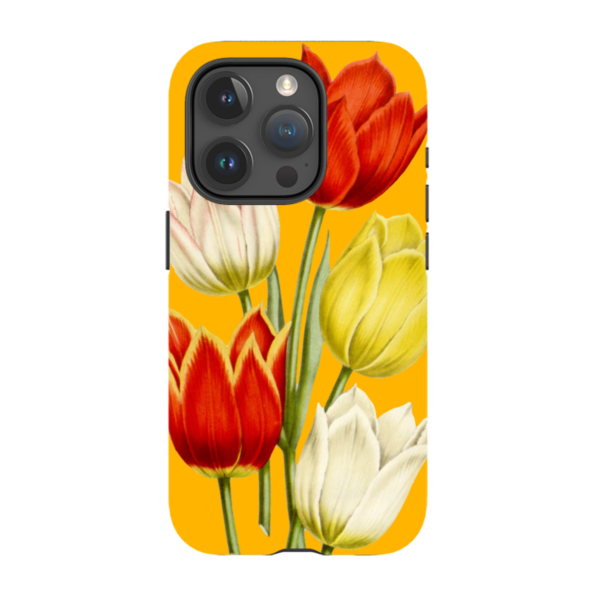 iPhone tough case with a vibrant yellow background and high-definition red, yellow, and white tulip floral artwork.