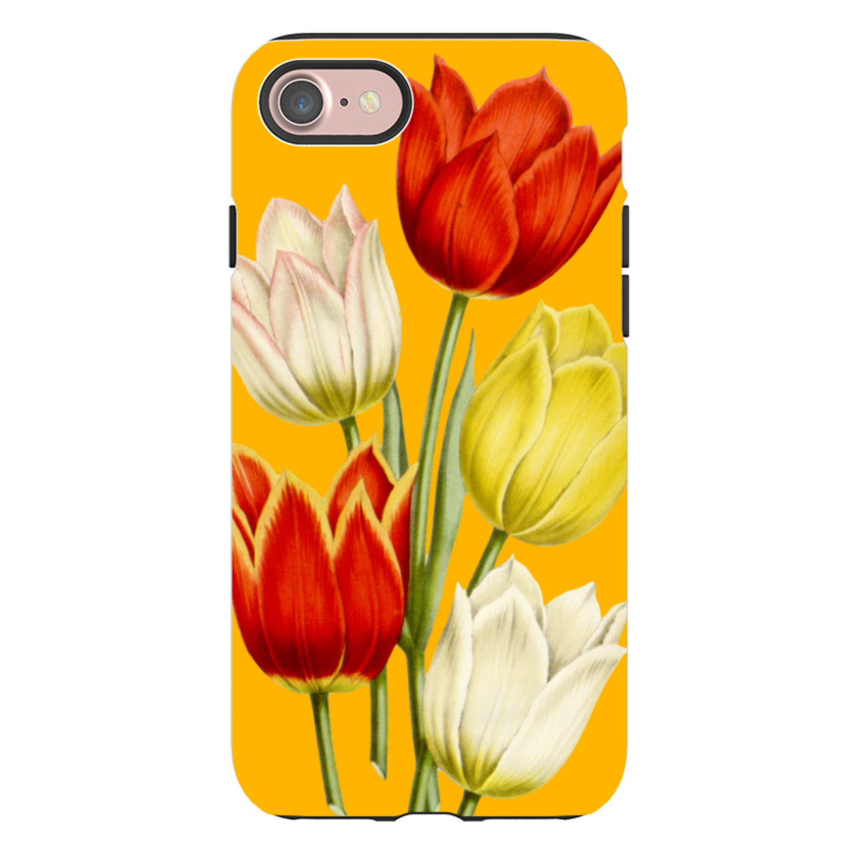 iPhone tough case with a vibrant yellow background and a detailed bouquet of red, white, and yellow tulips.