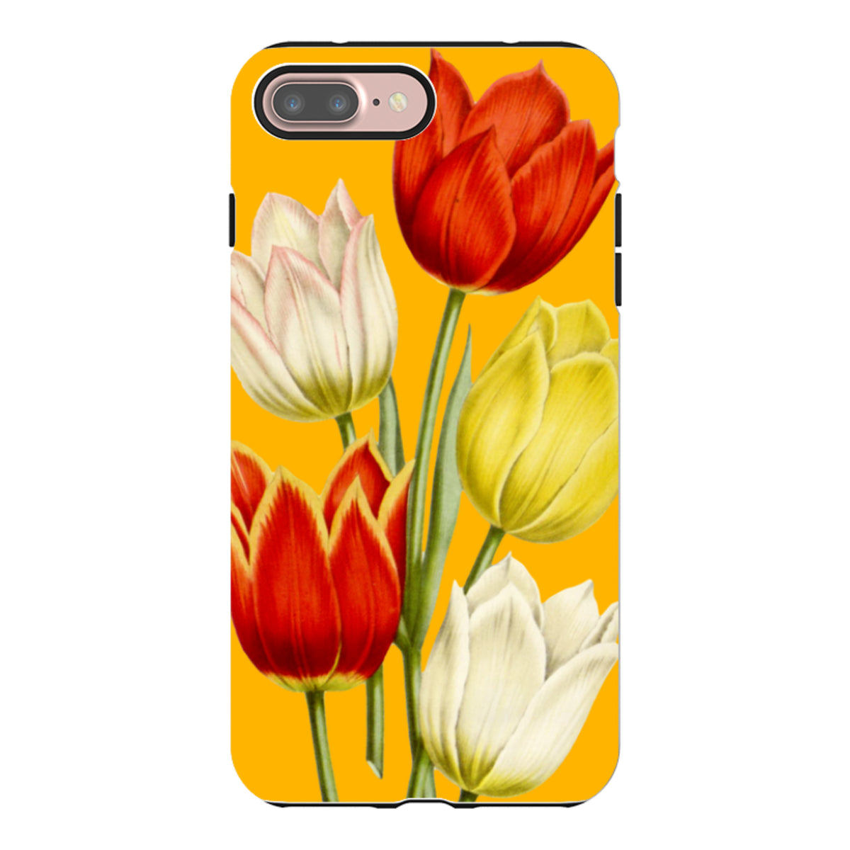 Dual-layer iPhone tough case featuring a vibrant yellow background with a high-definition red, yellow, and white tulip print.