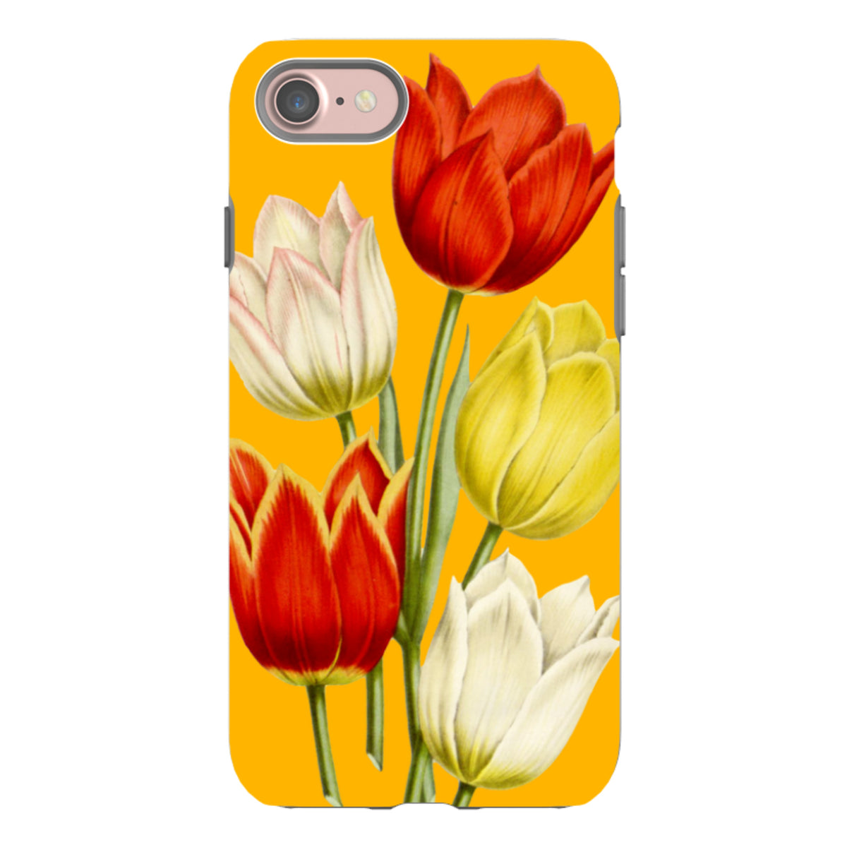 iPhone tough case with a vibrant yellow background featuring a high-definition bouquet of red, yellow, and white tulips.