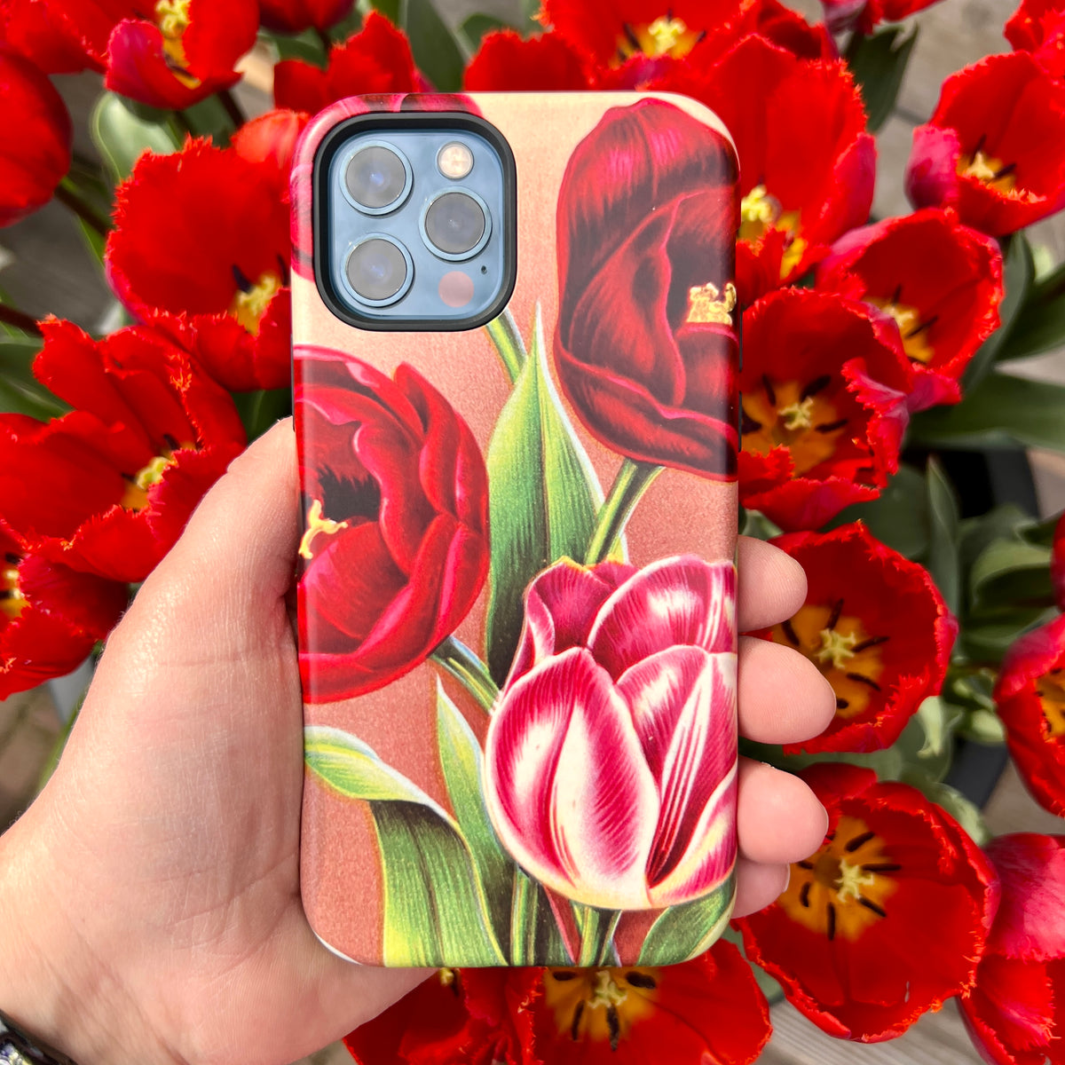Tylney iPhone tough case featuring vibrant red tulip artwork held against a background of matching fresh flowers.
