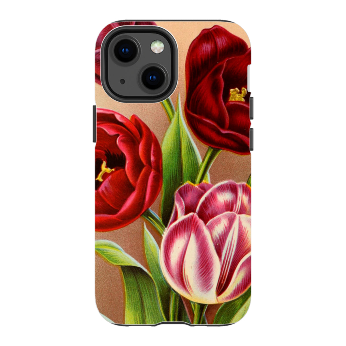 iPhone tough case featuring a vibrant red and pink tulip floral design on a textured gold background.