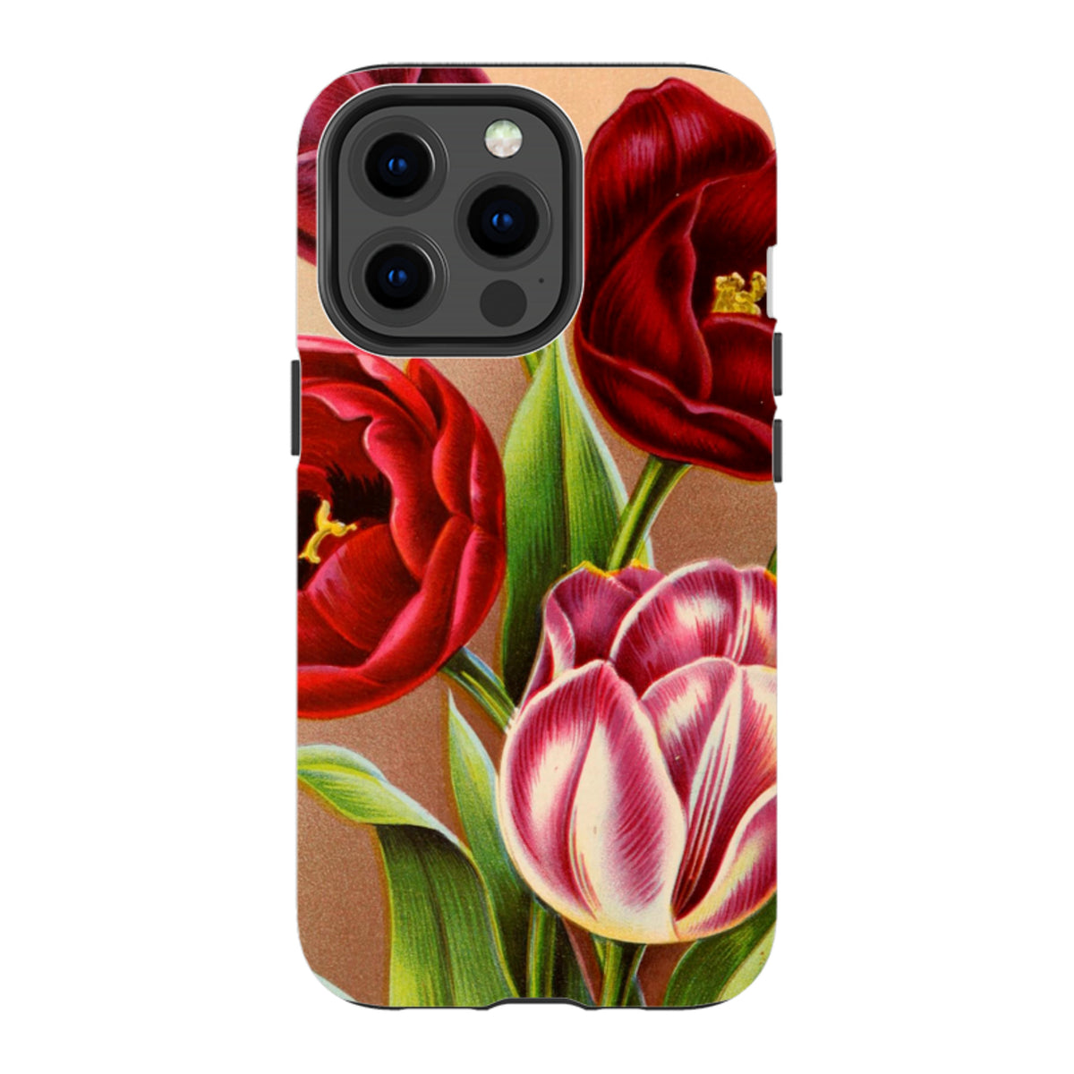 iPhone Tough Case featuring a vibrant red and pink tulip floral print on a textured beige background.