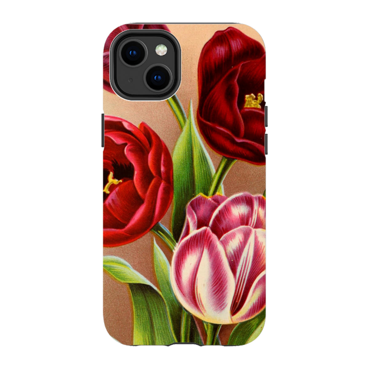 iPhone tough case featuring a vibrant red and pink tulip floral print with dual-layer protection and precise cut-outs.