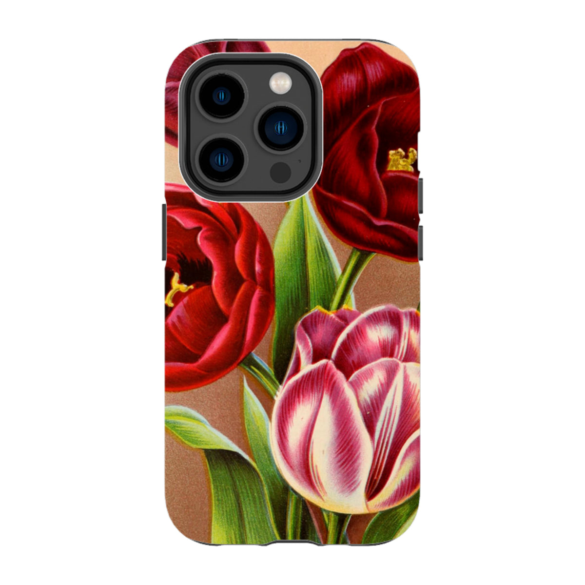 iPhone Tough Case featuring a vibrant floral print of red and white tulips on a textured gold background.