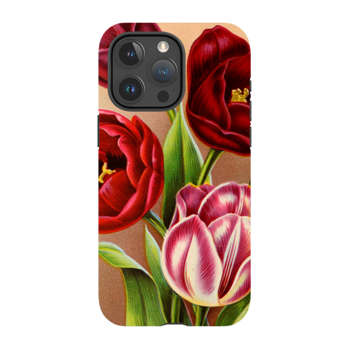 iPhone tough case featuring a vintage-style floral print with vibrant red and white tulips on a textured bronze background.