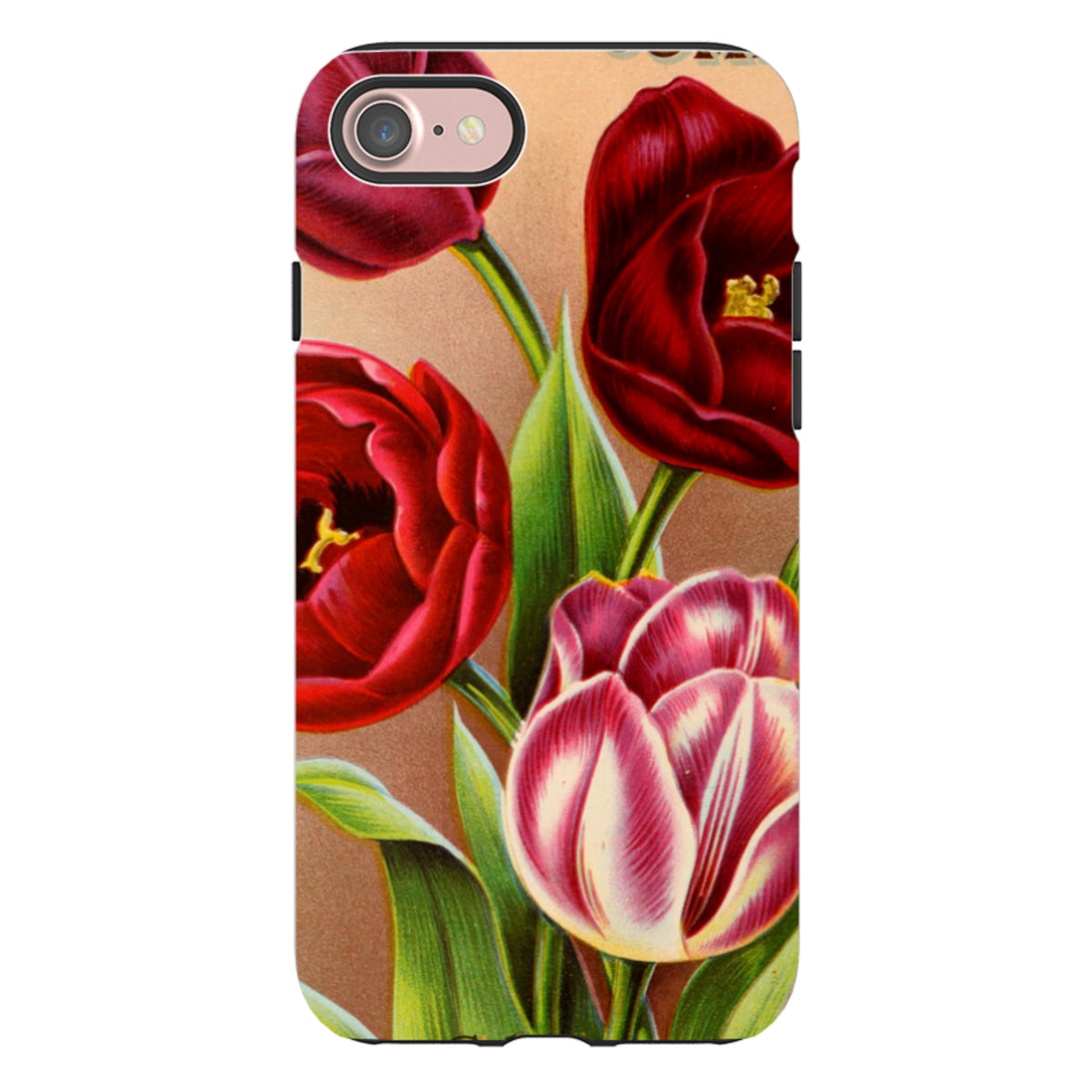 Dual-layer iPhone tough case featuring a vintage-style floral print with vibrant red and pink tulips on a gold background.