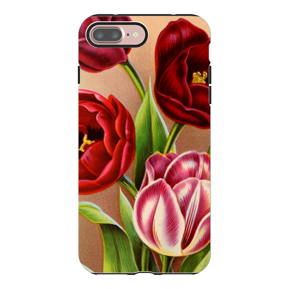 iPhone Tough Case featuring a vibrant red and pink tulip floral print on a tan background with dual-layer protection.