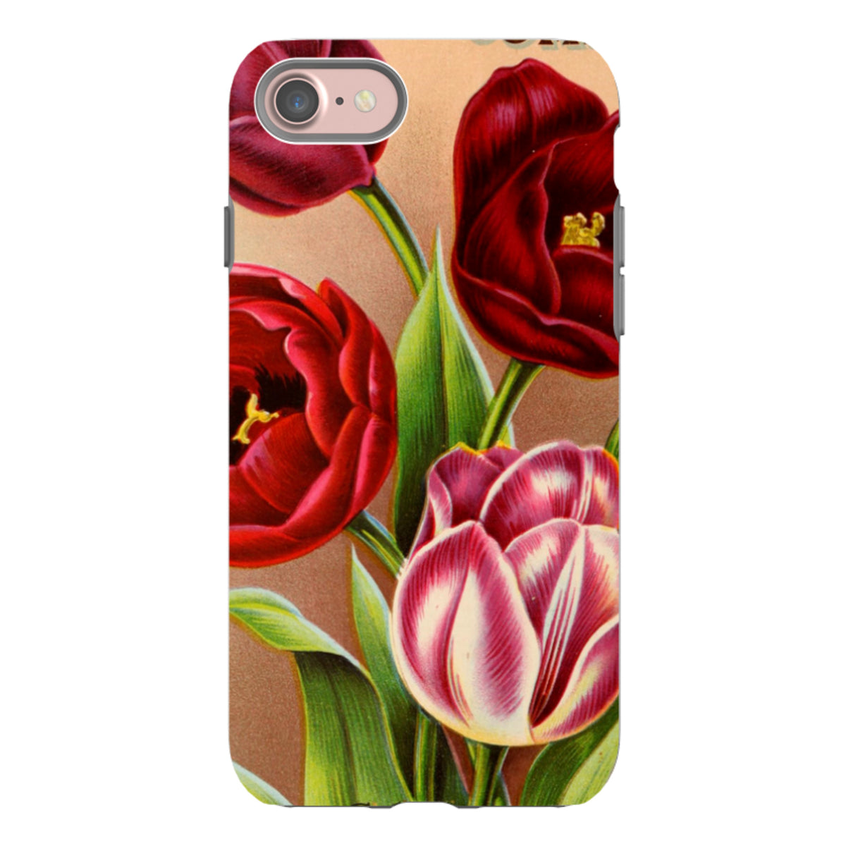 iPhone tough case featuring a vintage-style floral print with vibrant red and white tulips on a textured beige background.