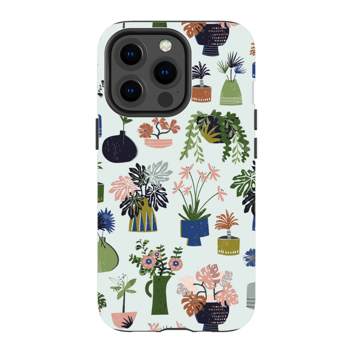 iPhone tough case featuring a colorful Urban Jungle botanical print with potted plants on a light background.