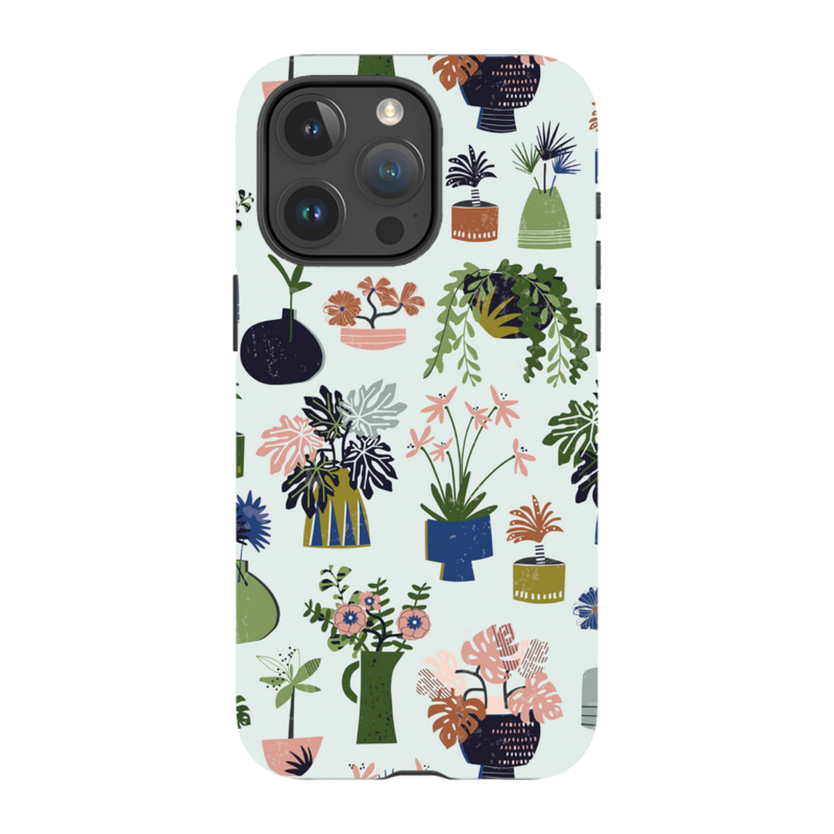 iPhone tough case featuring a light blue background with colorful, artistic potted plant illustrations by Ali Brookes.
