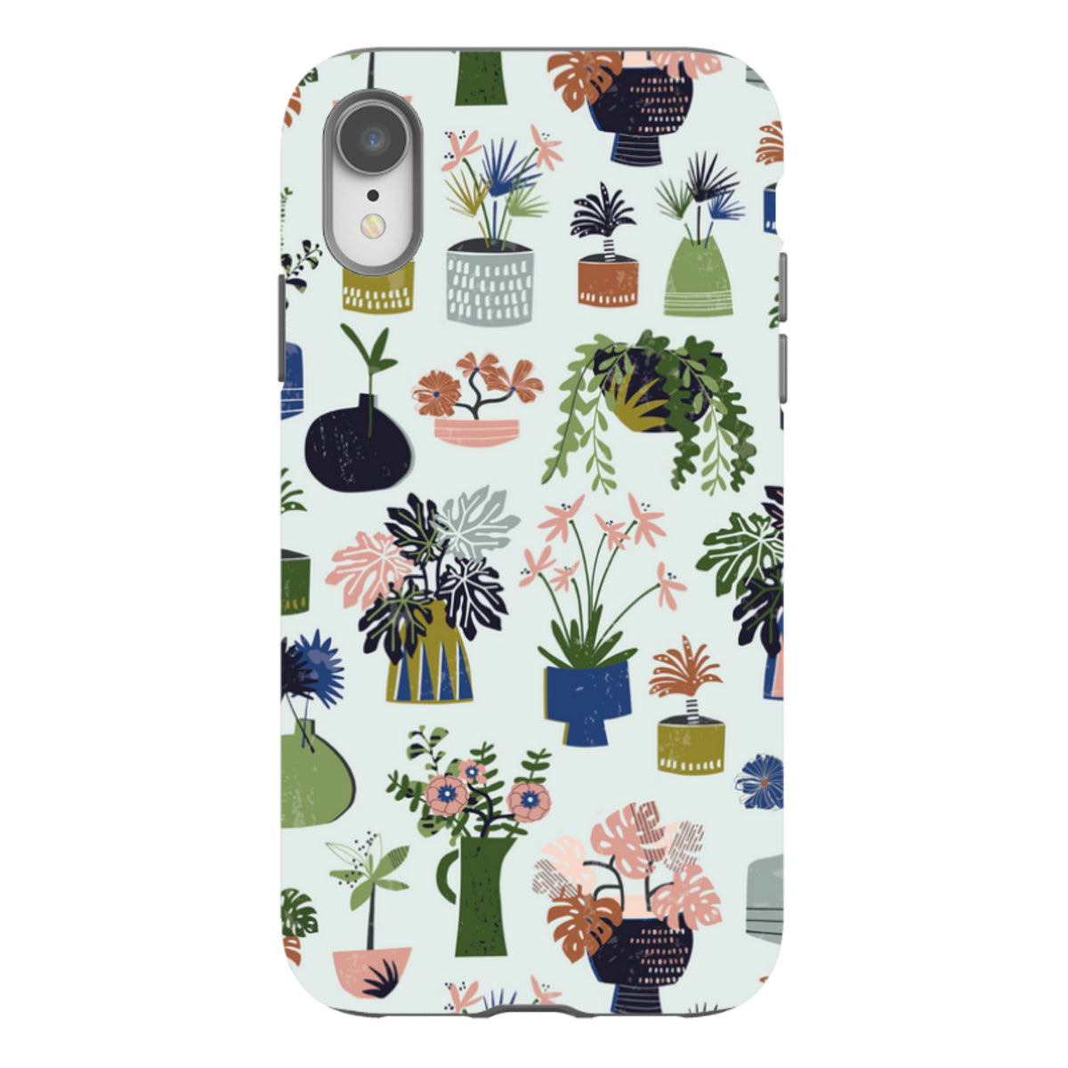 iPhone tough case featuring a colorful Urban Jungle botanical print with potted plants on a light blue background.