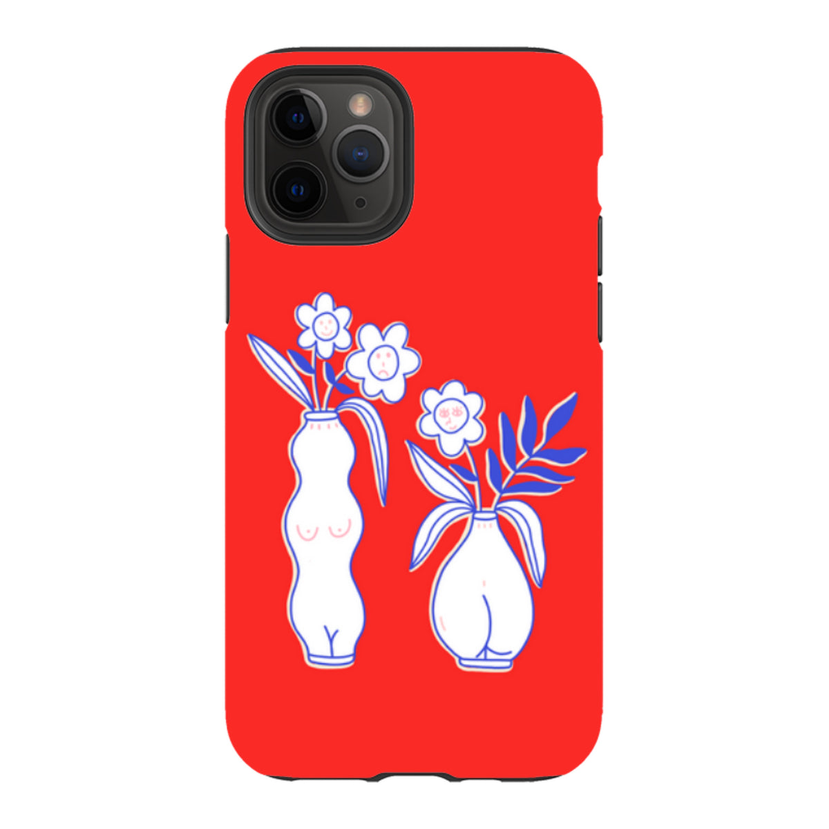 Bright red iPhone tough case featuring a white line-art illustration of two vases with flowers and faces.