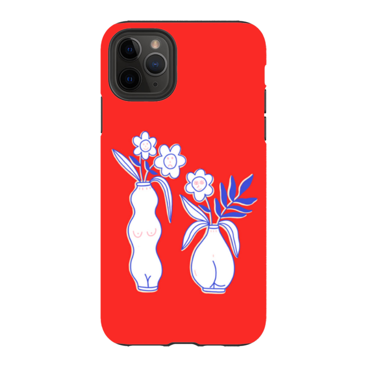 iPhone tough case in bright red with a white line art illustration of two vases containing flowers with faces.