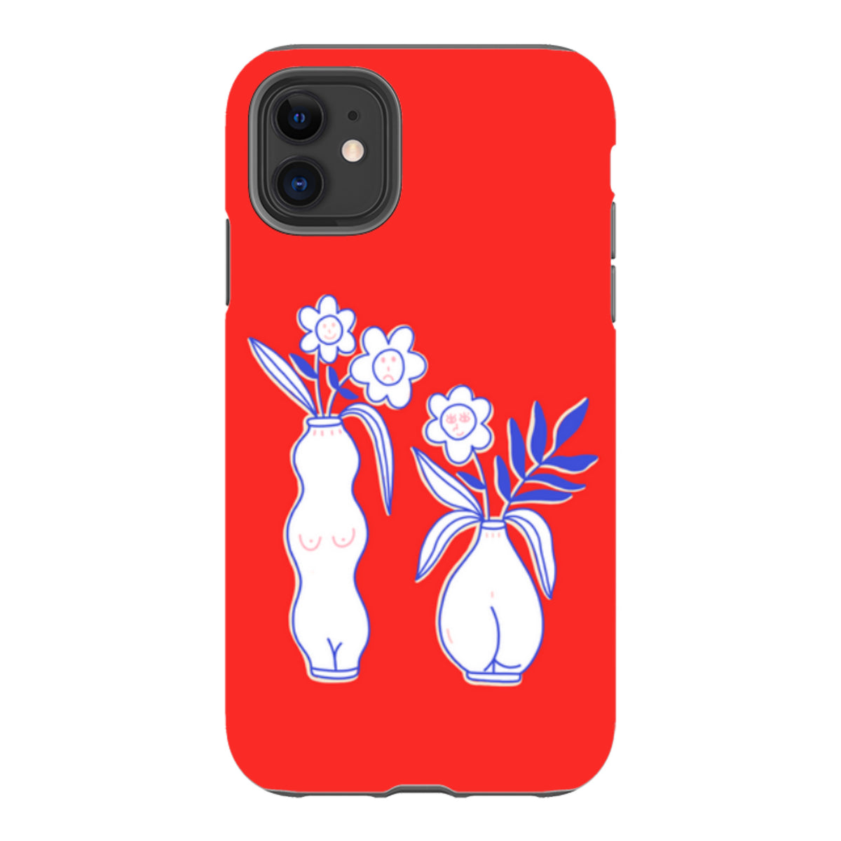 iPhone tough case in bright red with blue and white line art of flower vases and whimsical faces.