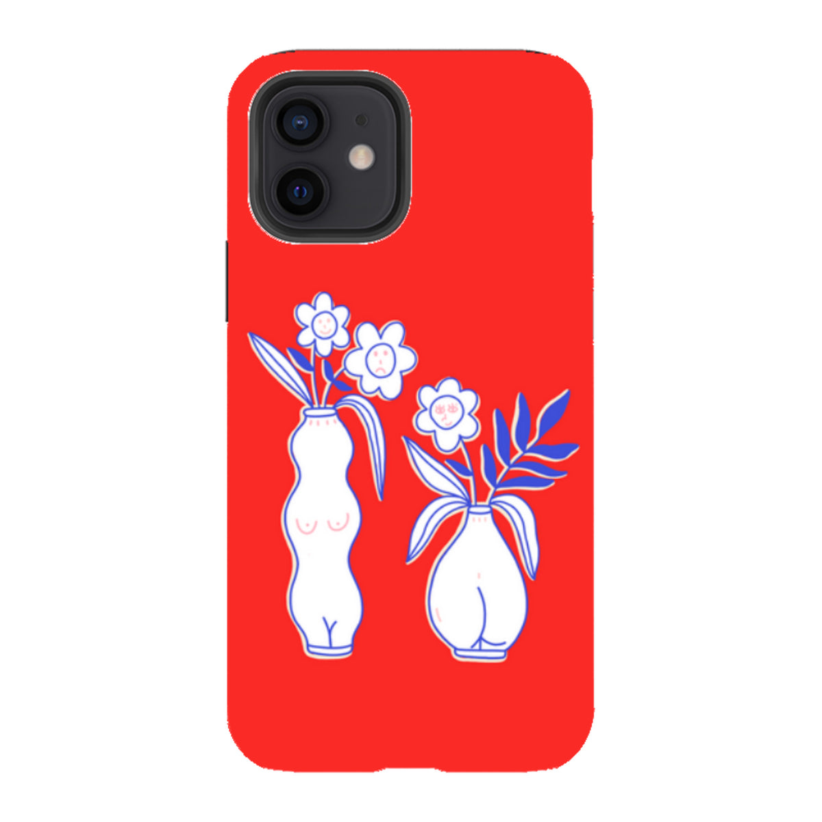 Red iPhone tough case featuring a whimsical blue and white line art design of two vases with flowers and faces.