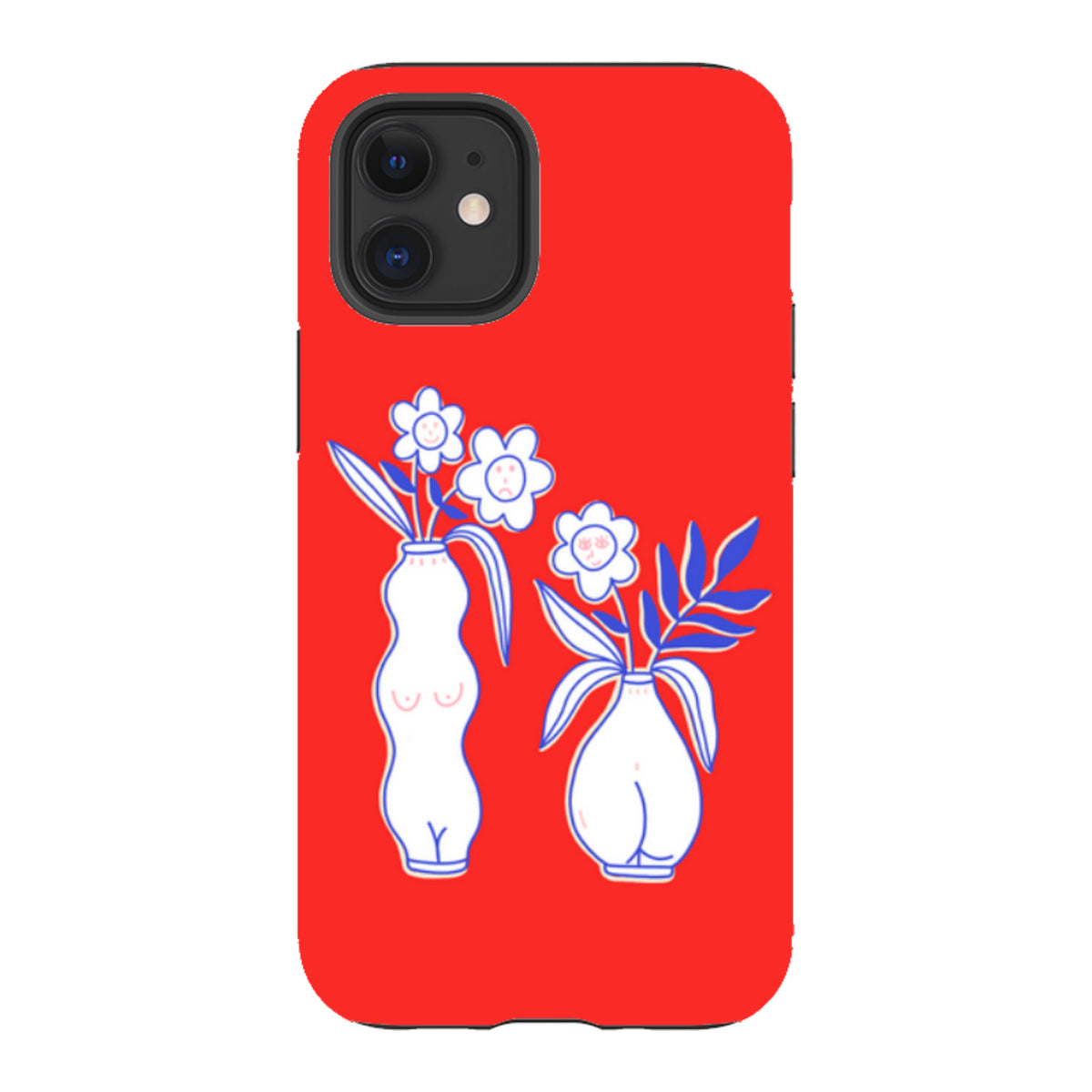 Red iPhone tough case featuring a white vase illustration with blue floral line art and a dual-layer protective design.