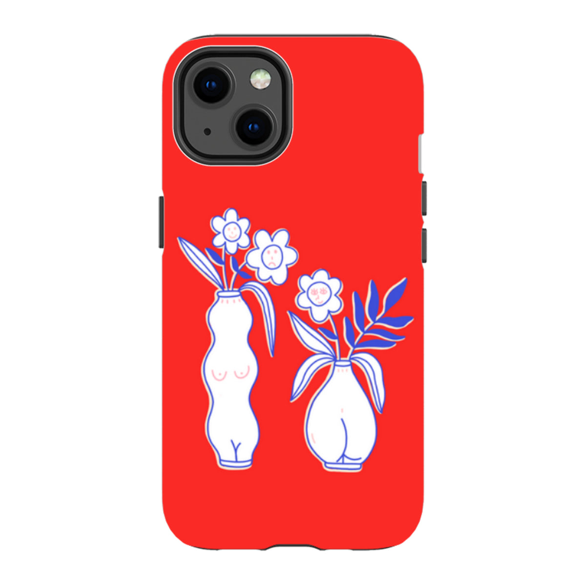 Red dual-layer iPhone tough case featuring a white vase and flower illustration with blue line art details.