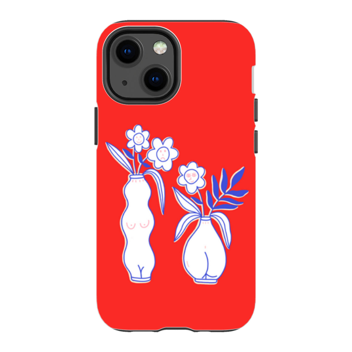 Red iPhone tough case featuring a white vase and flower illustration with blue line art details.