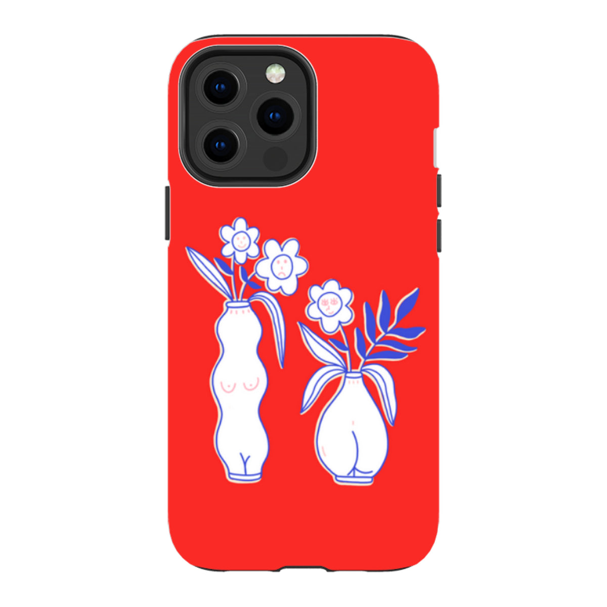 iPhone tough case in bright red with a white and blue line art illustration of two vases with floral faces.