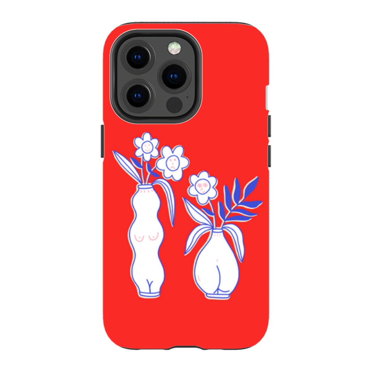 Red iPhone tough case featuring a white vase and flower illustration with blue line art and a durable dual-layer design.